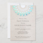 エレガントなターコイズブルー ベージュ リネン風 招待状 (正面)