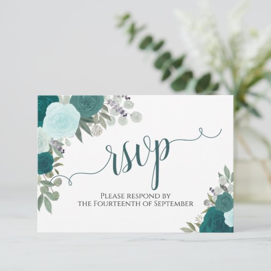 エレガントなターコイズローズの花束 カリグラフィー ウェディング 出欠カード (スタンド正面)