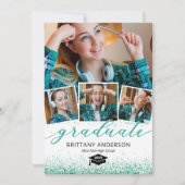 エレガントなターコイズ色の卒業式写真招待状4枚セット 招待状 (正面)