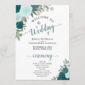 エレガントなターコイズ＆アクア ブーケ フラワー ウェディングプログラム 招待状 (正面)