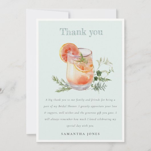 エレガントなターコイズ オレンジ 緑のカクテル ブライダル シャワー サンキューカード (正面)