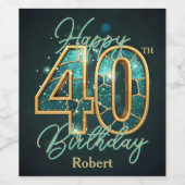 エレガントなターコイズ & ゴールドのモザイク 40歳の誕生日 ワインラベル (シングルラベル)