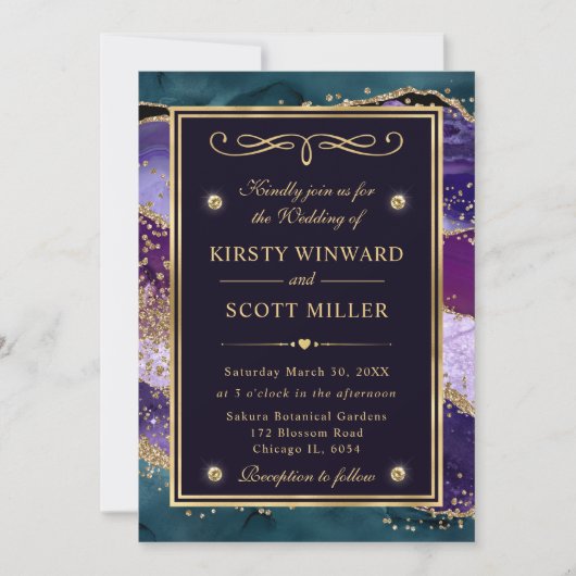 エレガントなターコイズ、パープル&ゴールドのグリッターアゲートの結婚式 招待状 (正面)