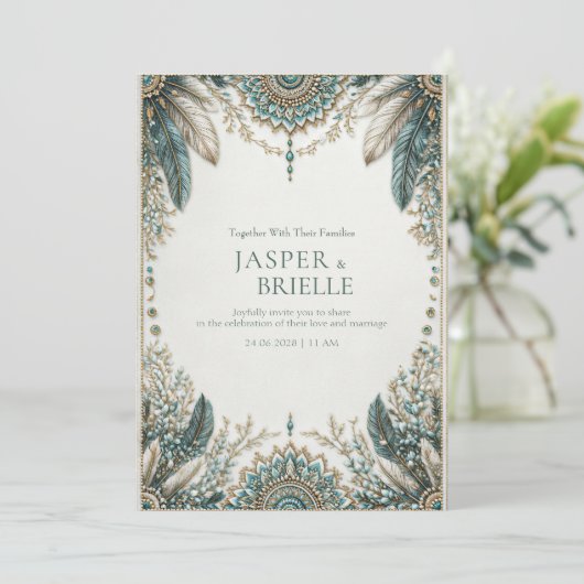 エレガントなターコイズ・フェザー・オーナメント・フィリグリー・ウェディング 招待状 (スタンド正面)