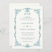 エレガントなターコイズ フラワー フレーム 結婚式招待状 招待状 (正面/裏面)