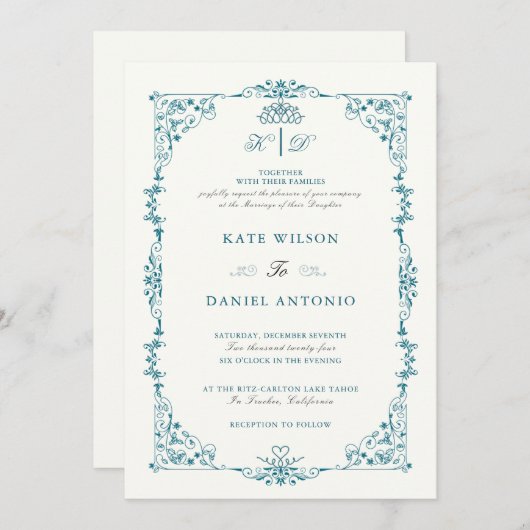 エレガントなターコイズ フラワー フレーム 結婚式招待状 招待状 (正面/裏面)