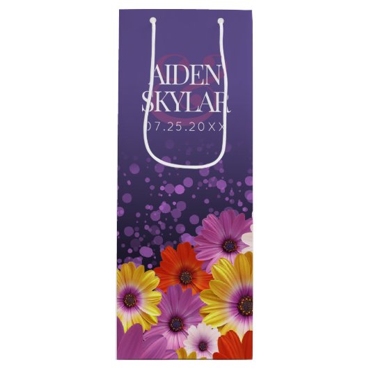 エレガントなダイジーとパープルグリッターの結婚式 ワインギフトバッグ (正面)