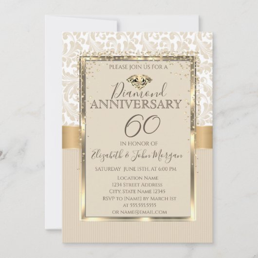 エレガントなダイヤモンドのダマスクフレーム結婚記念日 招待状 (正面)