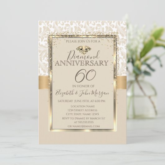 エレガントなダイヤモンドのダマスクフレーム結婚記念日 招待状 (スタンド正面)