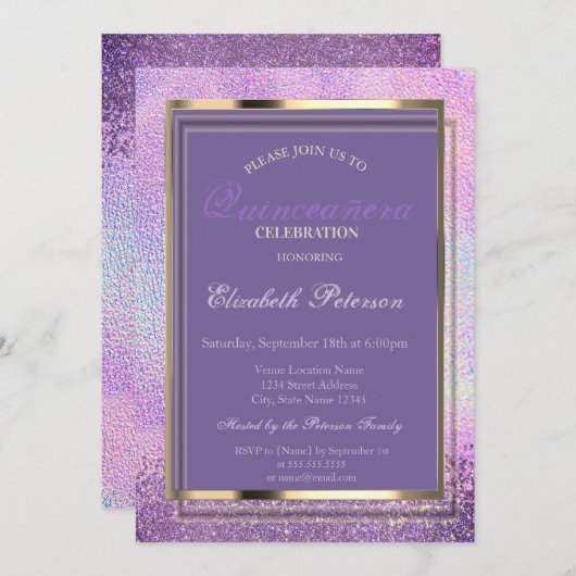 エレガントなダイヤモンドのホログラフィック キンセアニエラ 招待状 (正面/裏面)