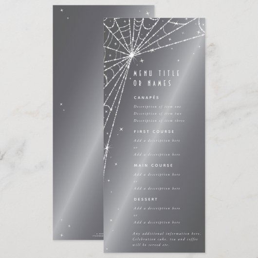 エレガントなダイヤモンドスパイダーネットと星がシルバーグレーの背景にデザインされたフラットカード 4 メニュー (正面/裏面)