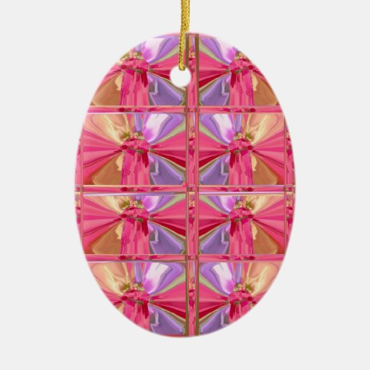 エレガントなダイヤモンドパターンローズピンクのスマイルの幸せなショー セラミックオーナメント (正面)