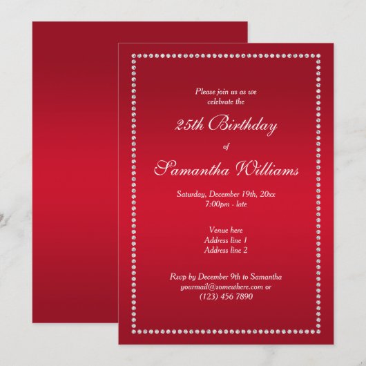 エレガントなダイヤモンドフレームの赤い誕生日 招待状 (正面/裏面)