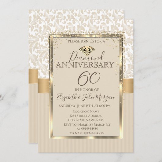 エレガントなダイヤモンド ダマスク フレーム 結婚記念日 招待状 (正面/裏面)