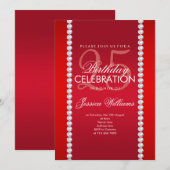 エレガントなダイヤモンド ルビーレッドの誕生日 招待状 (正面/裏面)