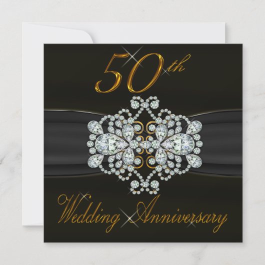 エレガントなダイヤモンド 50周年 ゴールド 結婚記念日 招待状 (正面)