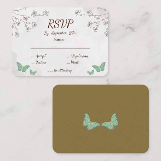 エレガントなダスティグリーン水彩＆ミニ花モチーフの出欠確認カード エンクロージャーカード (正面/裏面)