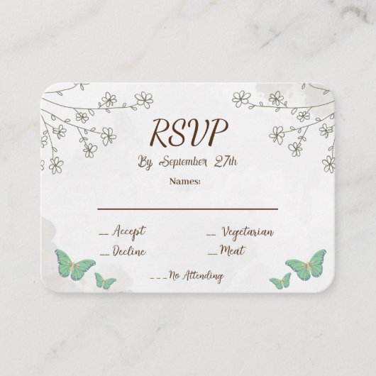 エレガントなダスティグリーン水彩＆ミニ花モチーフの出欠確認カード エンクロージャーカード (正面)