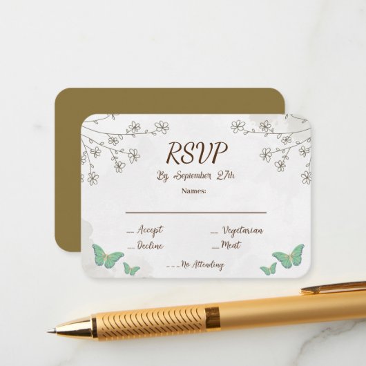 エレガントなダスティグリーン水彩＆ミニ花モチーフの出欠確認カード エンクロージャーカード (正面/裏面インサイチュ)