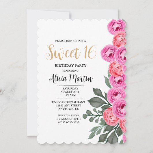 エレガントなダスティピンクのローズゴールドのスイート16の誕生日 招待状 (正面)