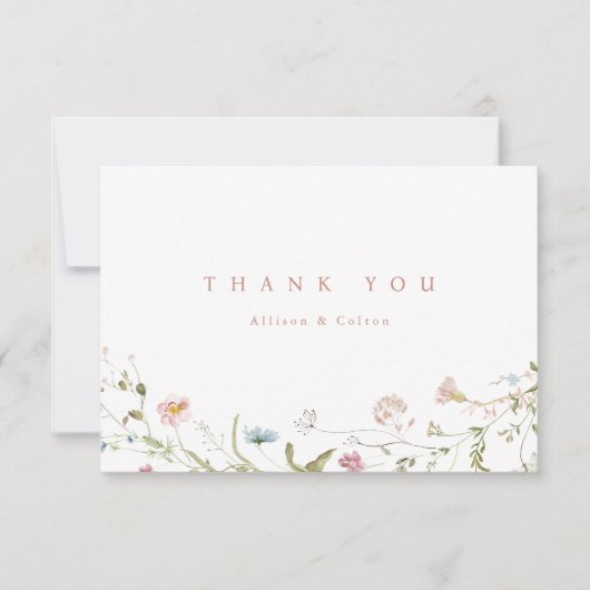 エレガントなダスティピンクのワイルドフラワー　ラスティックボヘミアウェディング サンキューカード (正面)