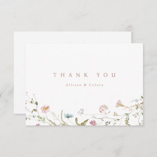エレガントなダスティピンクのワイルドフラワー　ラスティックボヘミアウェディング サンキューカード (正面/裏面)