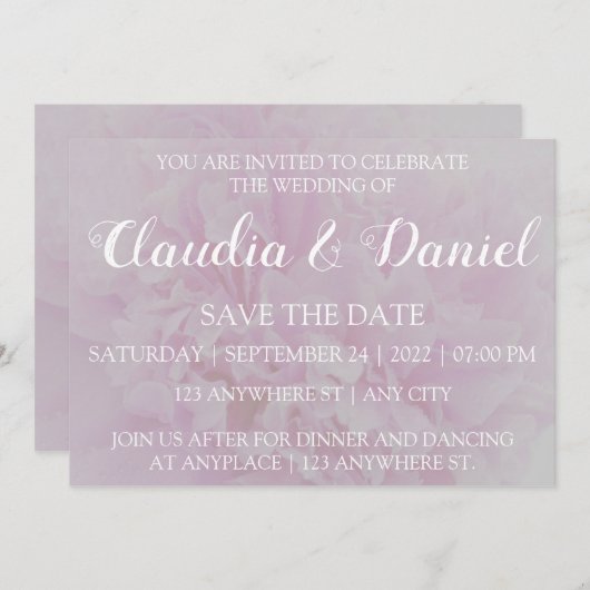 エレガントなダスティピンクの芍薬の花のデザインの結婚式の告知 招待状 (正面/裏面)