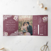 エレガントなダスティピンクの花とレースの結婚式写真 三つ折り招待状 (内部)