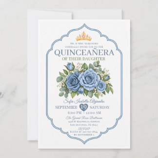 エレガントなダスティブルーの花冠バラのQuinceañera 招待状
