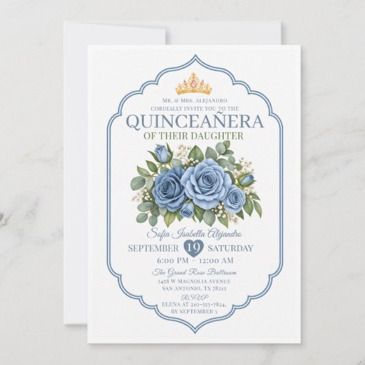 エレガントなダスティブルーの花冠バラのQuinceañera 招待状 (正面)