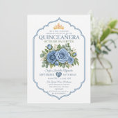 エレガントなダスティブルーの花冠バラのQuinceañera 招待状 (スタンド正面)