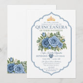 エレガントなダスティブルーの花冠バラのQuinceañera 招待状 (正面/裏面)