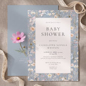 エレガントなダスティブルーの野の花QRコードベビーシャワー  招待状