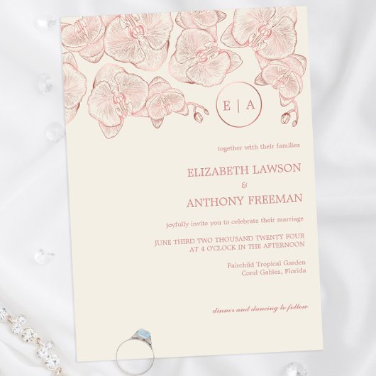 エレガントなダスティローズの植物オーキッドスケッチ結婚式 招待状