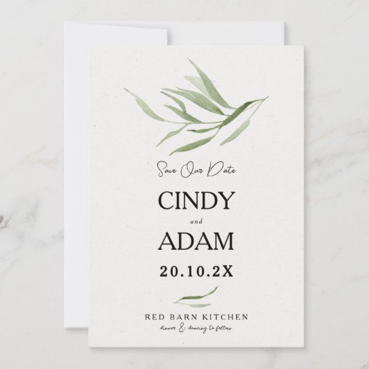 エレガントなダスティーグリーンの葉婚礼 セーブザデート (正面)