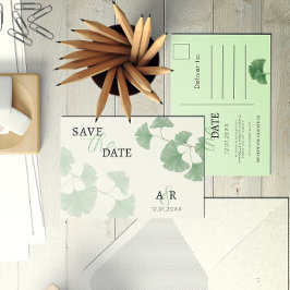 エレガントなダスティーグリーン銀杏花のSave the Date インビテーションポストカード