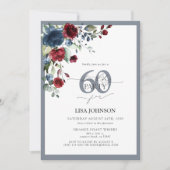 エレガントなダスティーブルーとバーガンディーの花60歳の誕生日 招待状 (正面)