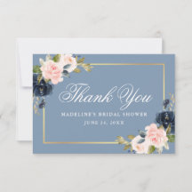 エレガントなダスティーブルーとピンクの花のゴールドのブライダルシャワー