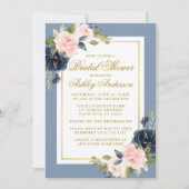 エレガントなダスティーブルーとピンクの花のブライダルシャワー ゴールド 招待状 (正面)