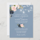 エレガントなダスティーブルーとピンクの花瓶のライト ウェディング 招待状 (正面)