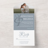 エレガントなダスティーブルーのオーバーレイ写真モノグラムウェディング オールインワン招待状 (内側)