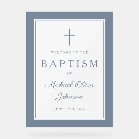 エレガントなダスティーブルーのクロス男の子洗礼歓迎 アクリルサイン (正面)