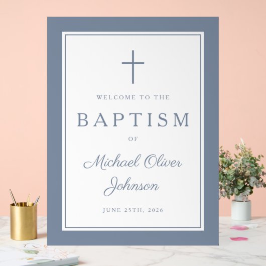 エレガントなダスティーブルーのクロス男の子洗礼歓迎 アクリルサイン (ウェディング)