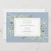 エレガントなダスティーブルーのグリーン写真結婚式 招待状 (正面)