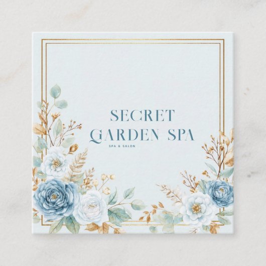 エレガントなダスティーブルーのゴールド花柄フレーム スクエア名刺 (正面)