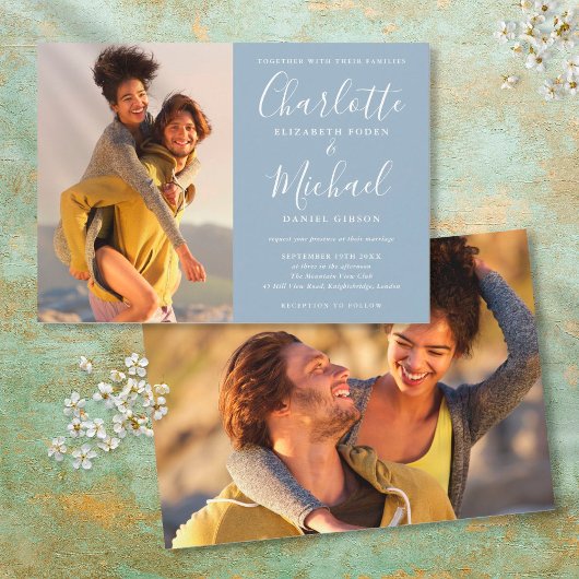 エレガントなダスティーブルーのシグネチャースクリプト写真ウェディング 招待状