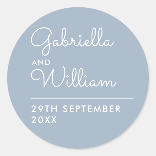 エレガントなダスティーブルーのスクリプト結婚式のギフト ラウンドシール (正面)