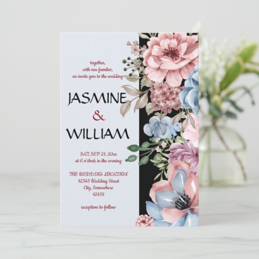 エレガントなダスティーブルーのダスティーローズの花 招待状 (スタンド正面)