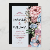 エレガントなダスティーブルーのダスティーローズの花 招待状 (正面/裏面)