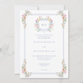 エレガントなダスティーブルーのパステル ワイルドフラワー クレスト ウェディング 招待状 (正面)